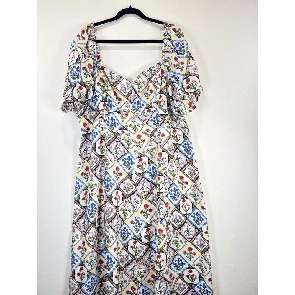 Boden Midi Dress Blue Sweetheart Linen Floral Patchwork Puff Sleeve Boho 20/22